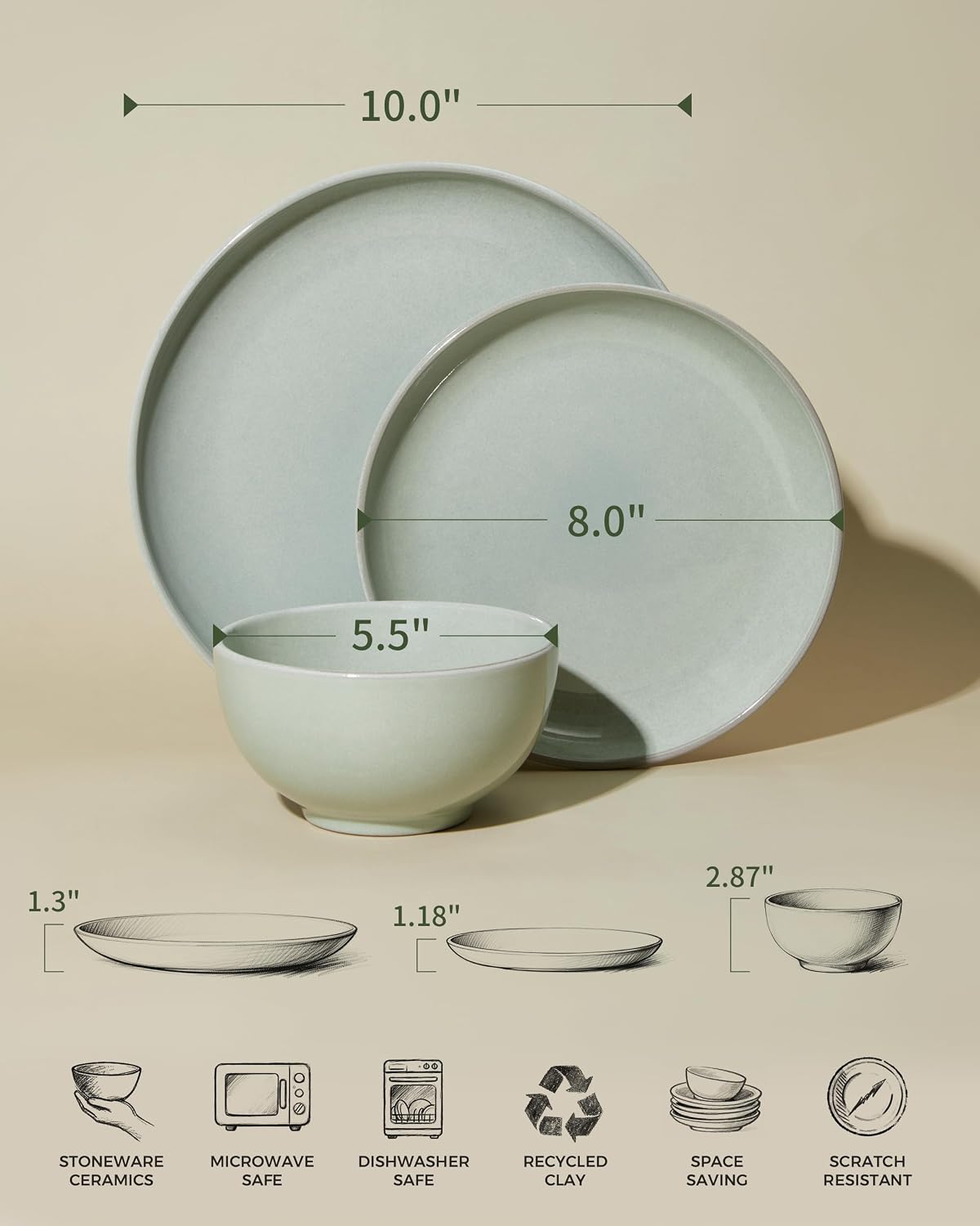 Detalle de Pokini Stoneware Dinnerware Set for 4, 12-Piece Reactive Glaze, Slate Green