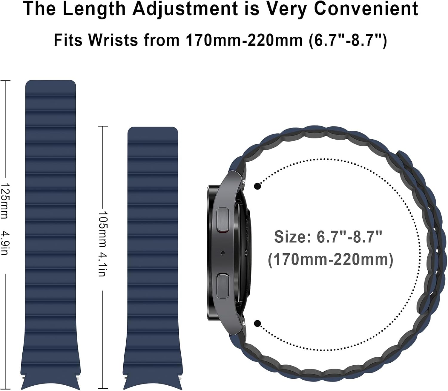 Detalle de Anlinser Magnetic Straps silicone bands for Samsung Galaxy Watch 7/6/5/4 (44mm–45mm) in Dark Blue/Black
