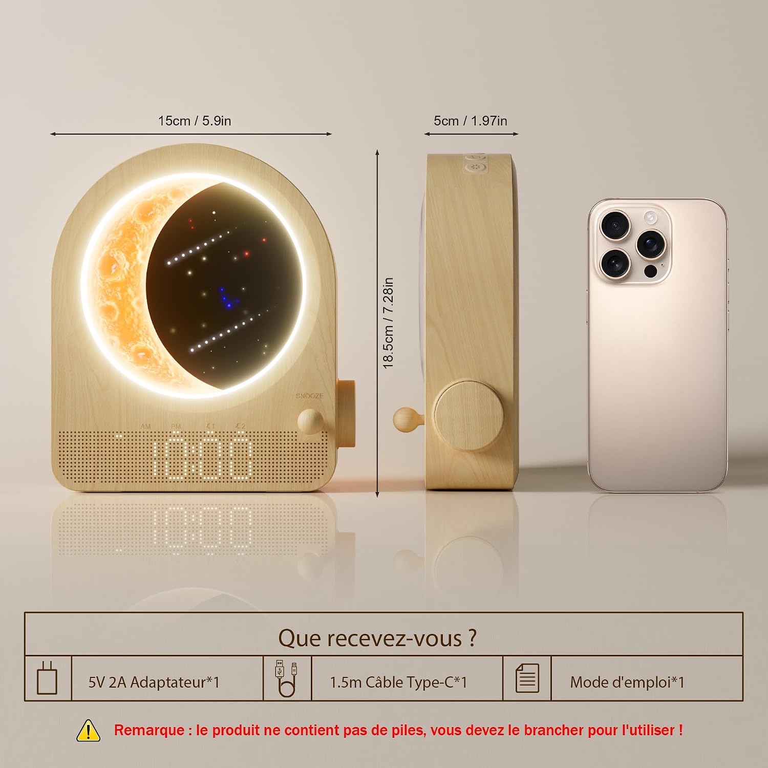 Thumbnail 1 de blonbar Lampe lune avec réveil à lumière du jour – lampe de chevet avec 2 réveils, 10 sons naturels et veilleuse nocturne