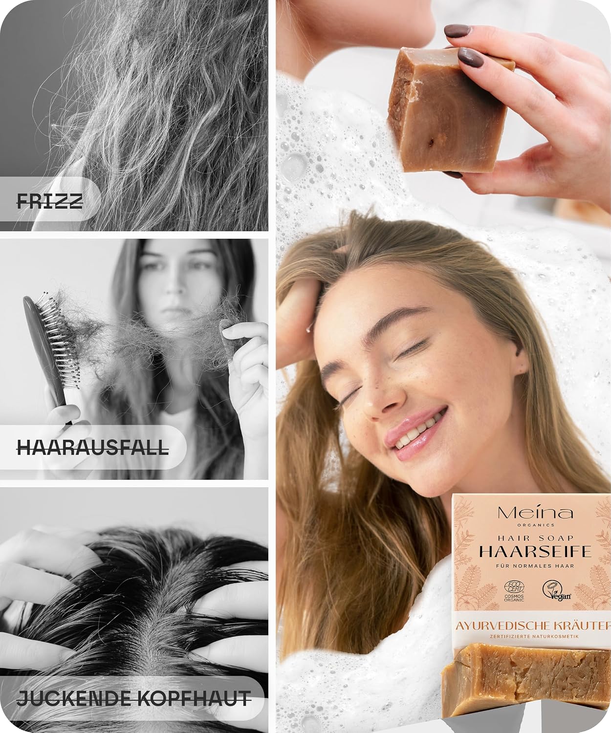 Detalle 2 de Meina Ayurveda Bio Haarseife gegen Haarausfall – Naturkosmetik, vegan & plastikfrei (80 g)