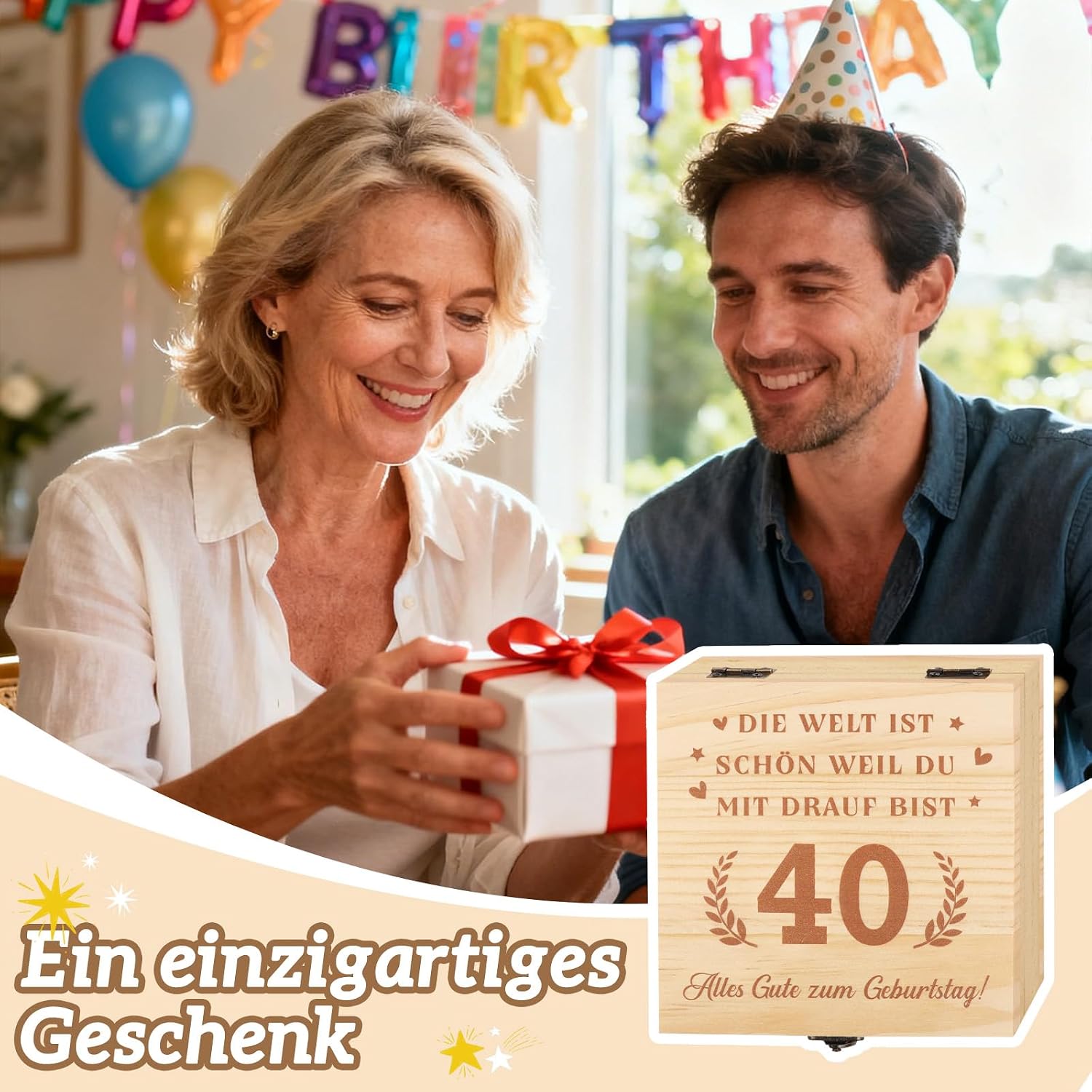 Thumbnail 2 de TUZELIYA 40. Geburtstag Frauen Geldgeschenk aus Holz mit Karte, Trockenblumen und Magnetverschluss