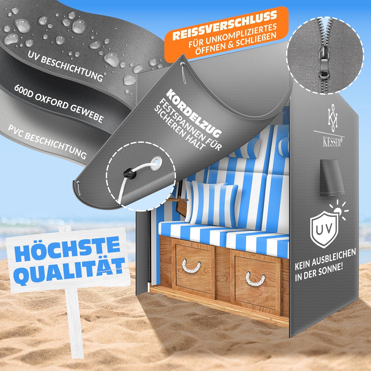 Thumbnail 3 de KESSER Premium Strandkorb Schutzhülle – Wasserdicht, UV-beständig und luftdurchlässig (120x90x160 cm) Grau