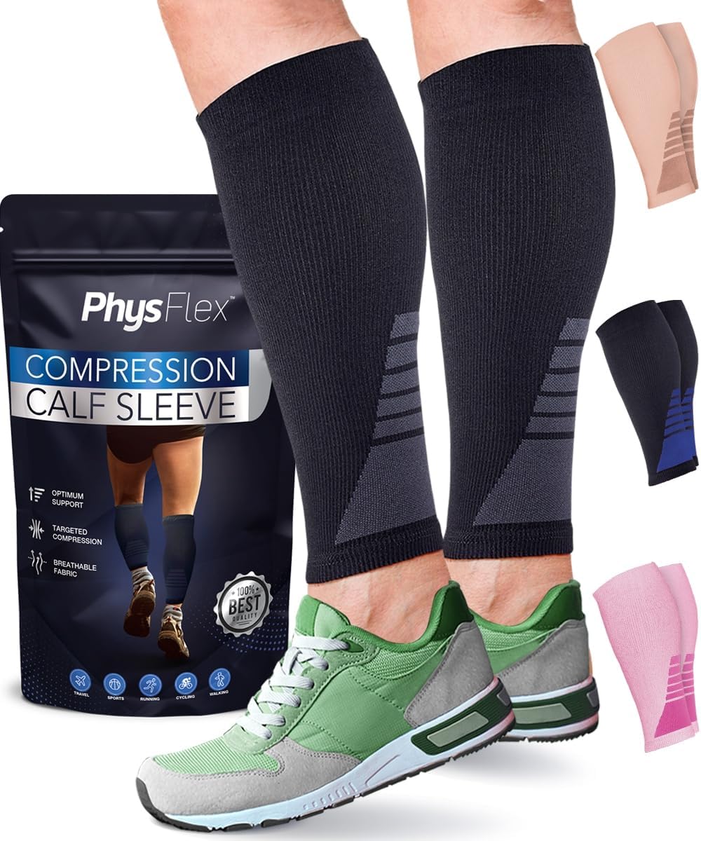 PhysFlex Calf Compression Sleeves (Black, Medium) — Footless leg sleeves for swelling, shin splints, nursing & pregnancy (1 pair)