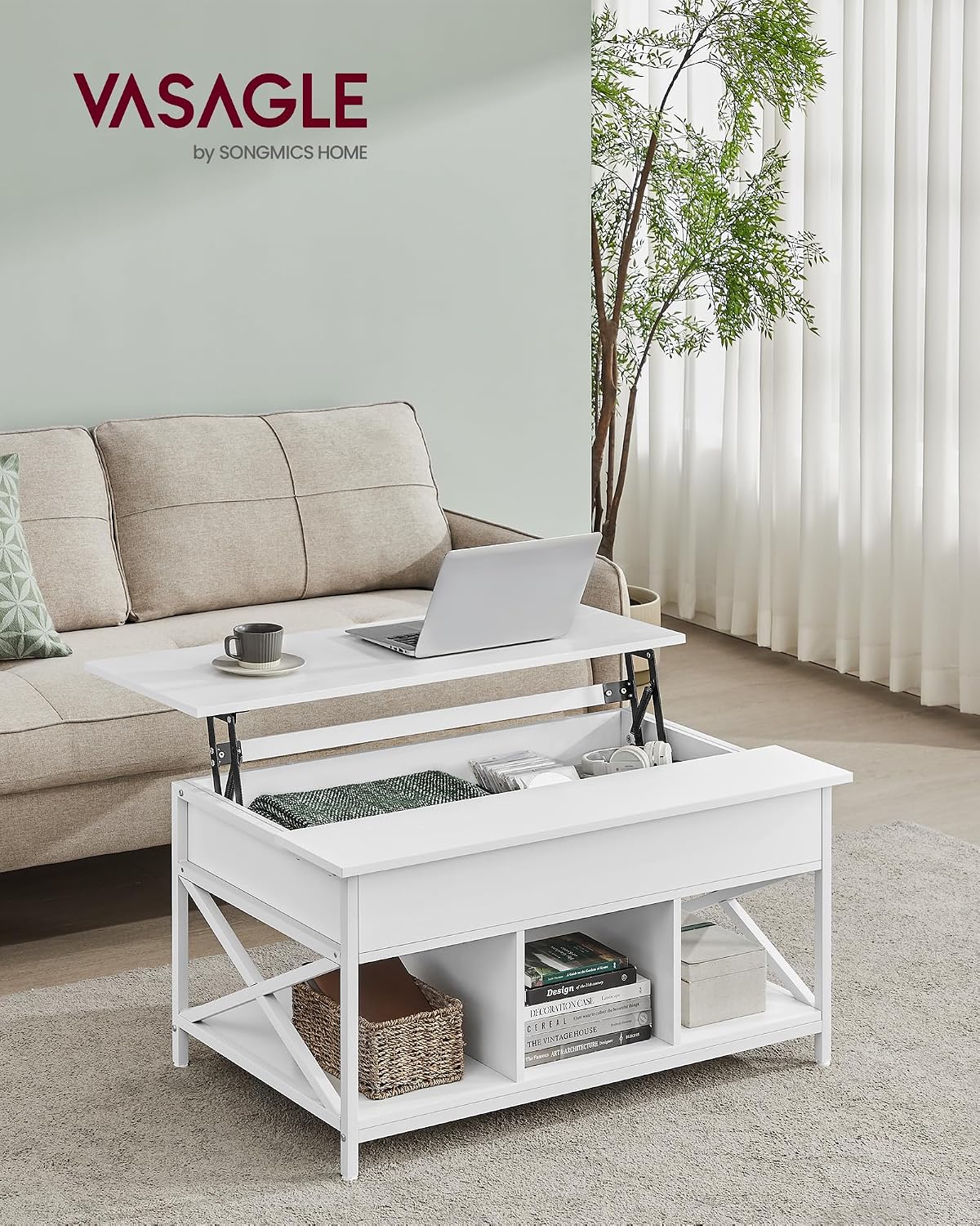 Detalle 2 de VASAGLE LCT205W46 Lift-Top Coffee Table with Storage, Snow White and White