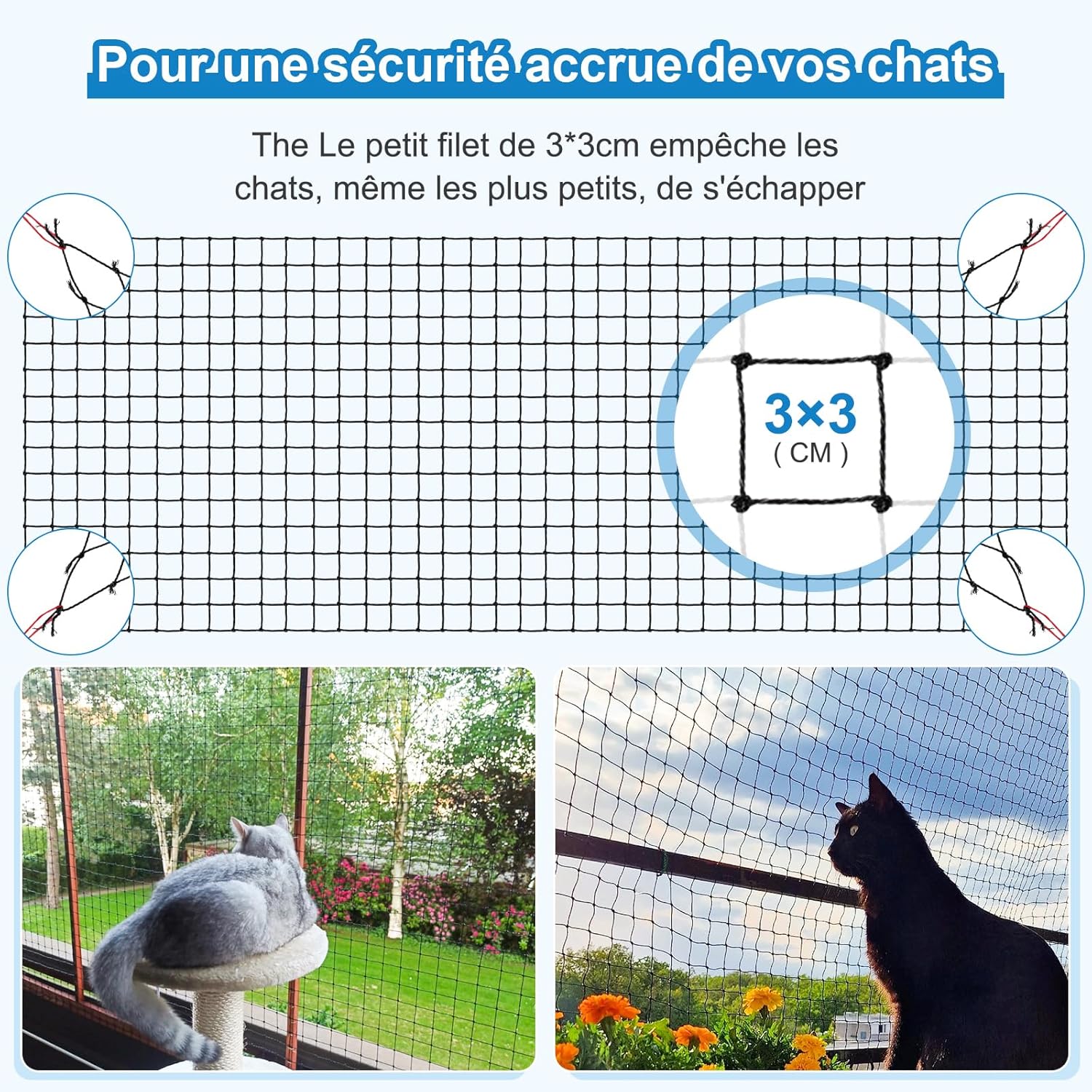 Detalle de Aystkniet Filet Balcon Renforcé – filet de protection chat multi-tailles (2×3 m à 16×3 m, 3×2 m etc.)