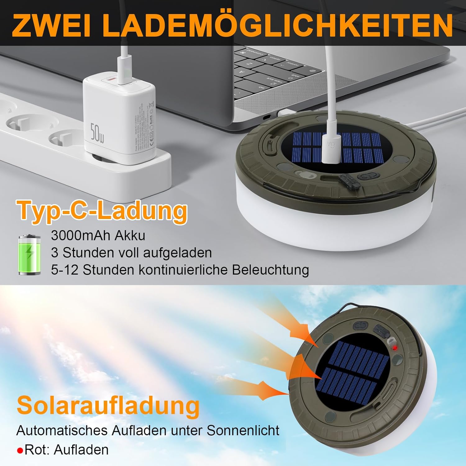 Thumbnail 4 de RISEMART Camping Lichterkette aufrollbar 10 m mit Solar- & USB-C Laden, 5 Beleuchtungsmodi