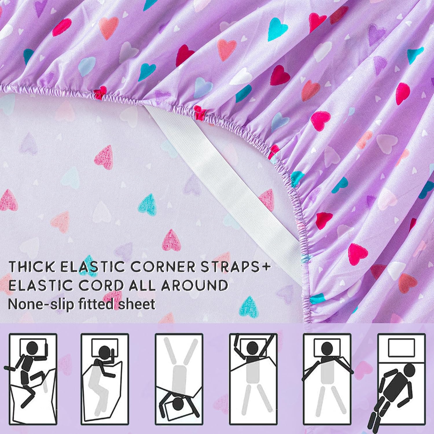 Detalle de Viviland Kids Twin Microfibre Sheet Set, Purple Hearts Print, 3-Piece