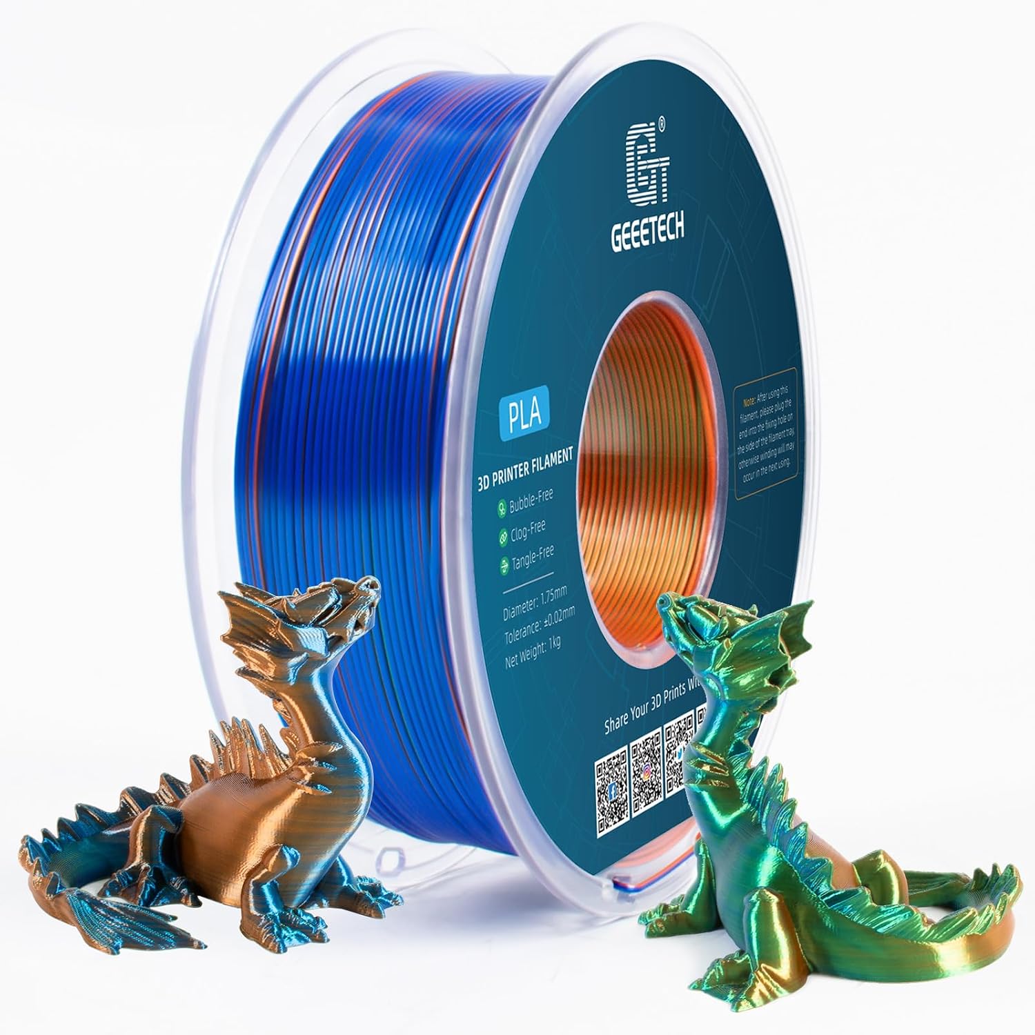Detalle de GEEETECH Tricolor Silk PLA Filament 1.75 mm – 1 kg Spool (Silk Orange Blue Green)