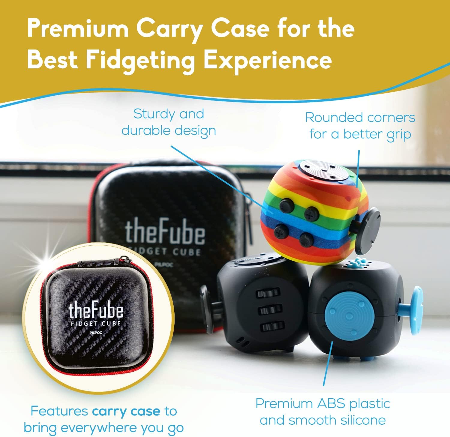Detalle 1 de PILPOC theFube Fidget Cube (6-sided) with Audible/Silent Switch and Carry Case
