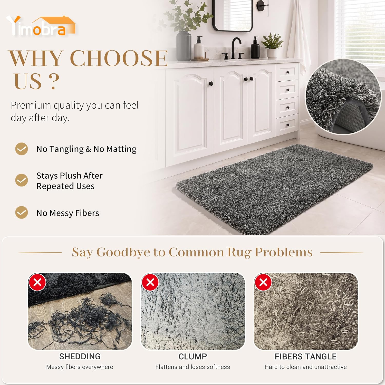 Detalle 2 de Yimobra 60" x 24" Bathroom Runner Rug, Plush Microfiber, TPR Backing