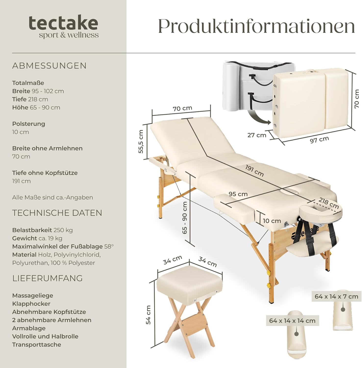 Detalle de tectake® Massageliege klappbar und höhenverstellbar (beige) – gepolstert für Massage, Tattoo oder Kosmetik