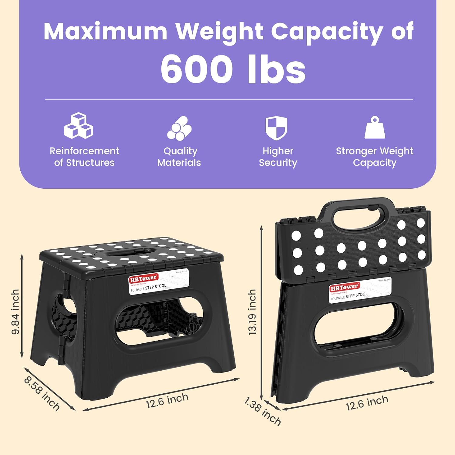Detalle de HBTower ZL2501 9-Inch Folding Step Stool, Black with Safety Lock