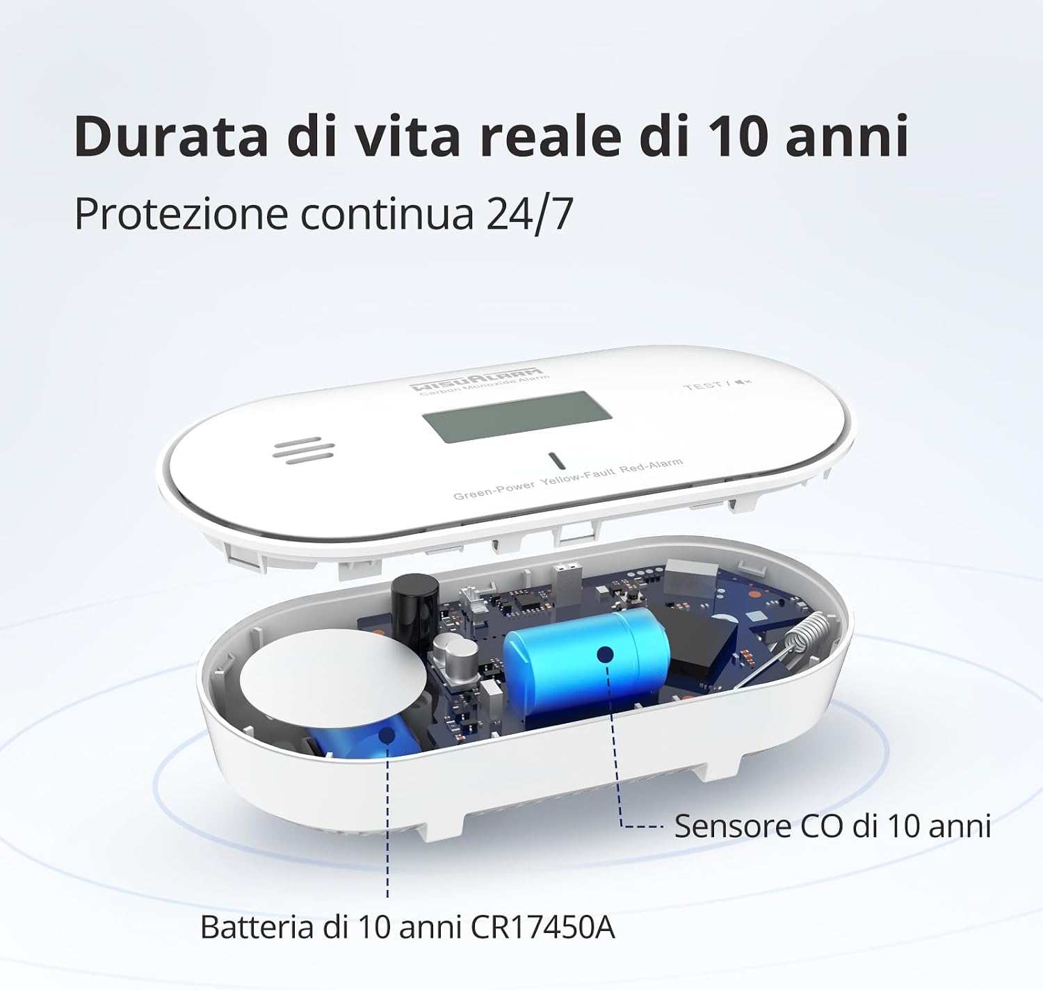 Detalle de Rilevatore di monossido di carbonio con batteria sigillata da 10 anni: monitoraggio CO, temperatura e umidità • display LCD