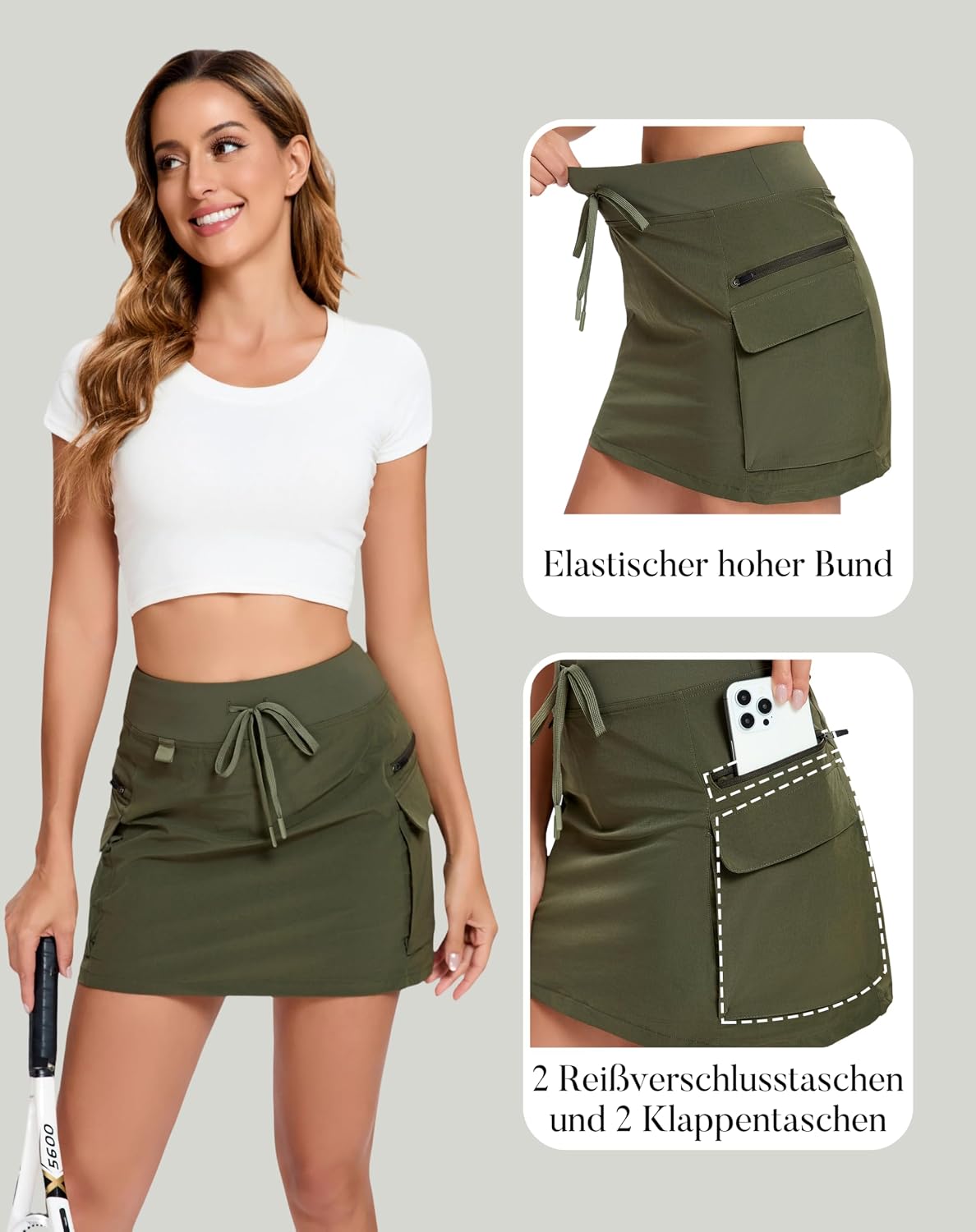 Detalle de Timuspo Damen Cargo Rock mit Hose Drunter – schnelltrocknend, elastischer Bund, 4 Taschen