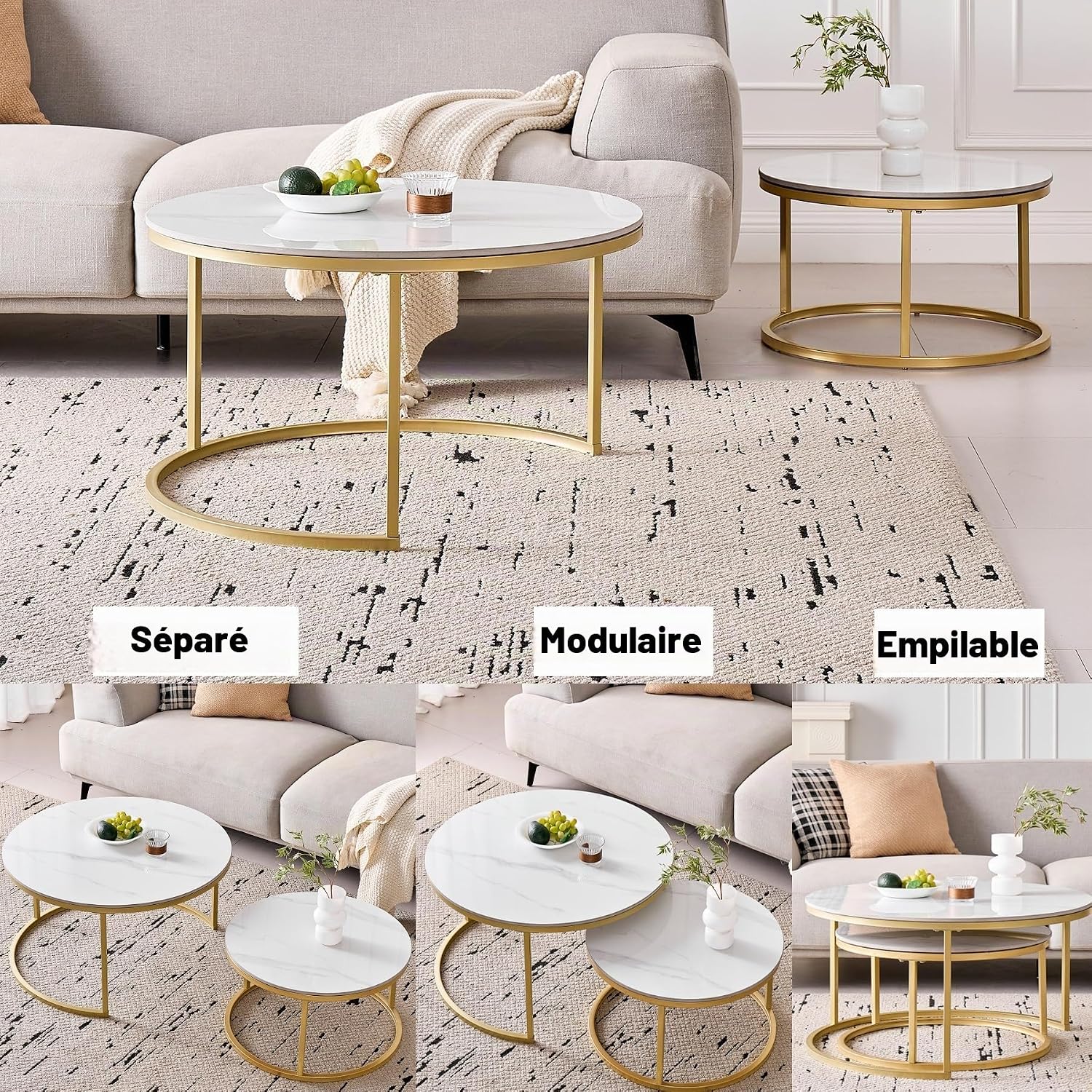 Detalle 2 de BenyLed BEY-YBCJ-80 set van 2 ronde salontafels, keramiek, wit/goud