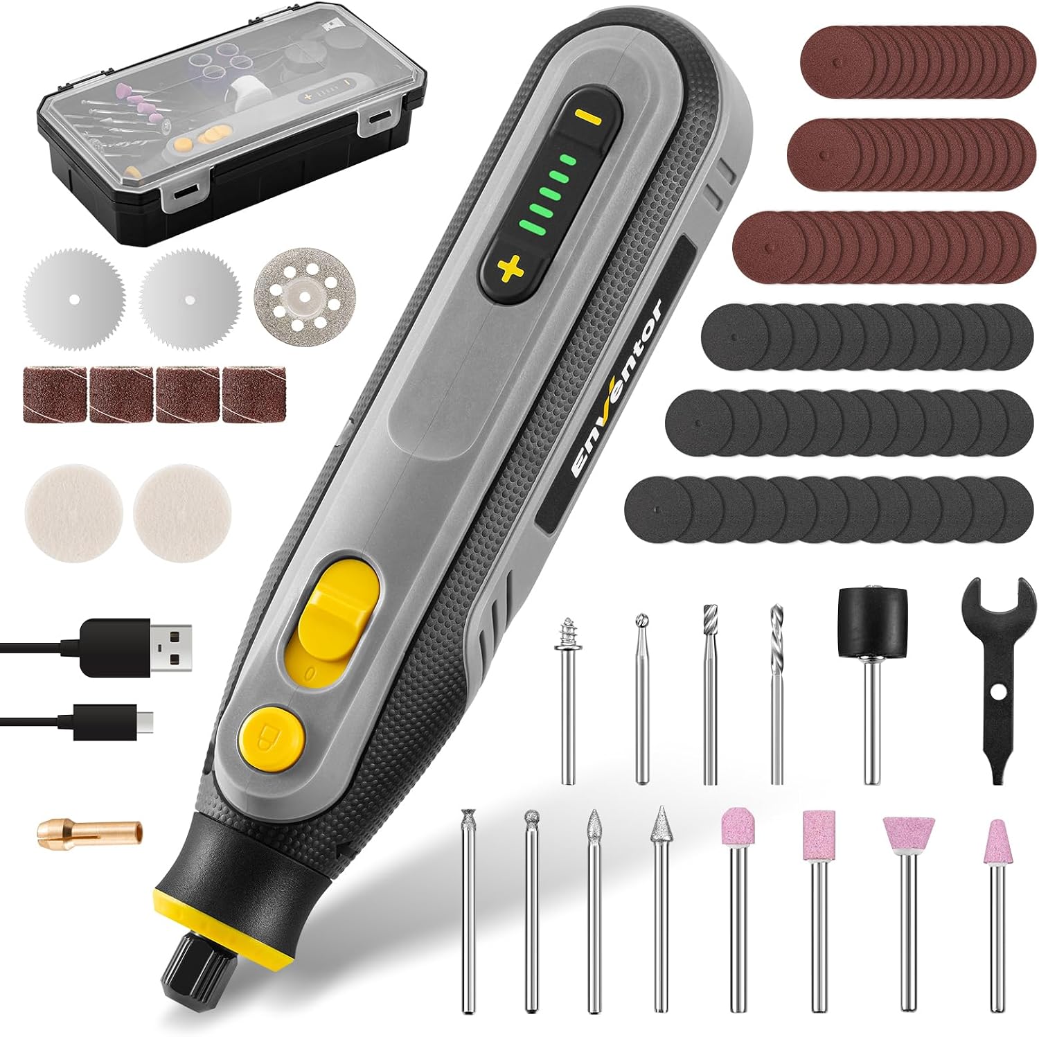 Detalle de Enventor Q0M-DC-4M mini-draaigereedschap, 4 V, 5 snelheden en 105 accessoires
