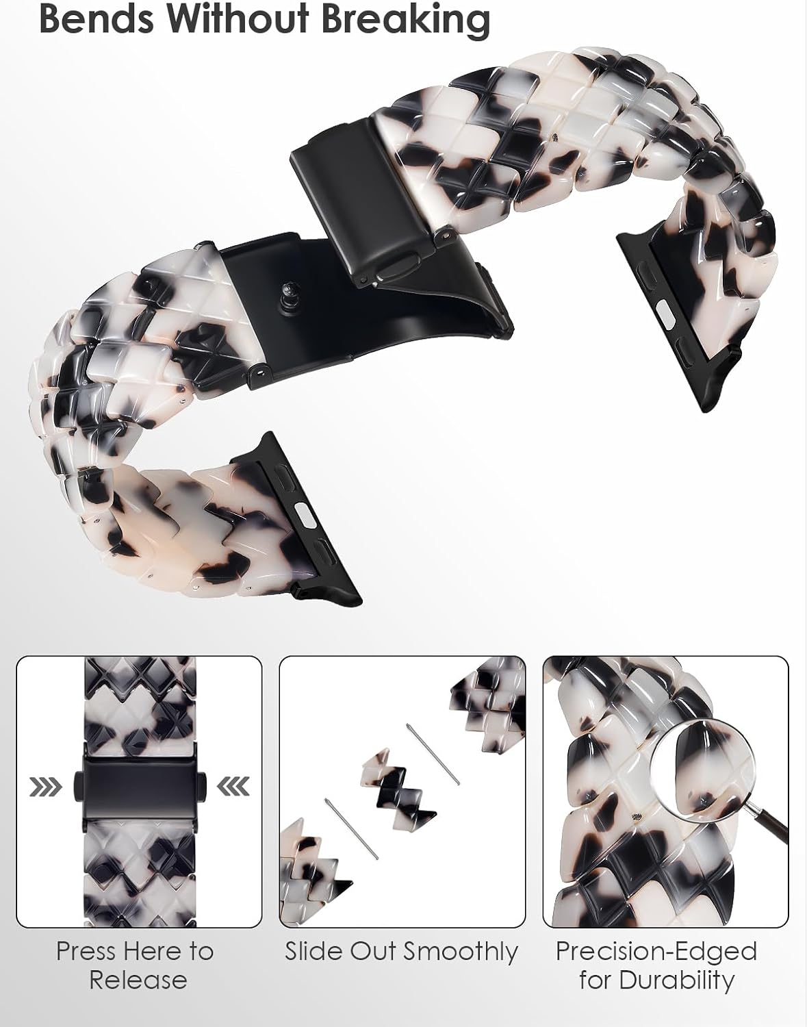 Detalle de V.R.HOPE Harz Armband für Apple Watch – Damen, 38–49 mm, Schwarz Blumen, Schlangenhaut