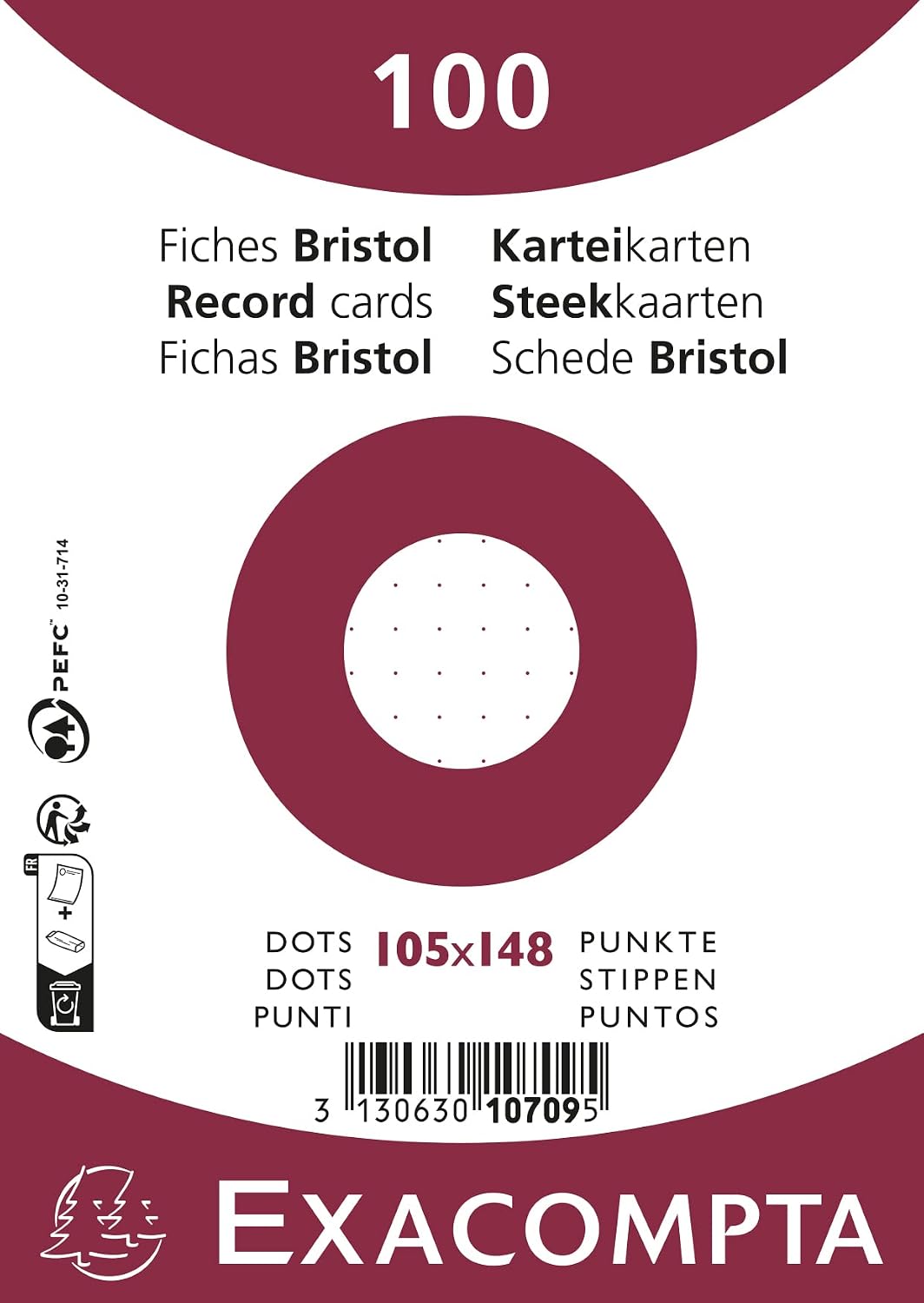 Detalle de Exacompta 10708E – Paquet de 100 fiches Bristol dots non perforé, 148 × 210 mm, papier Clairefontaine certifié PEFC