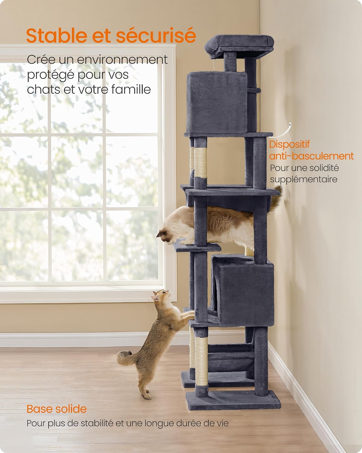 Detalle de Feandrea Arbre à Chat 201 cm – Tour XXL, multi-niveaux, gris foncé (PCT195G02)