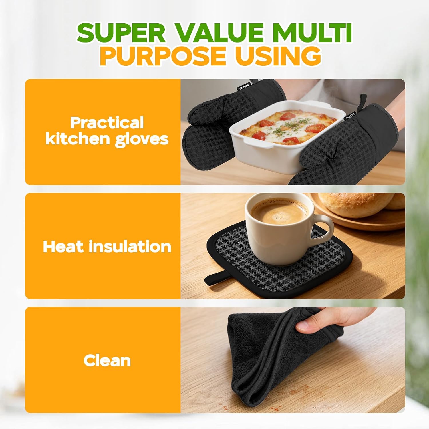 Detalle de Yeqqzq 6-piece oven mitts and pot holders set with non-slip silicone, extra-long gloves (black)