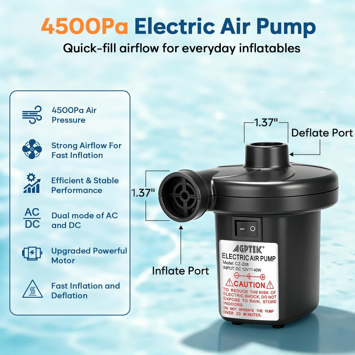 Detalle de AGPTEK Electric Air Pump: Portable 3-Nozzle Inflator/Deflator for Indoor & Outdoor Use