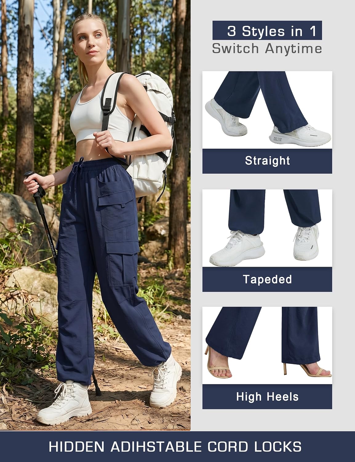 Detalle de KPSUN Women's Quick-Dry Cargo Hiking Pants, 8 Pockets, Adjustable Cuffs