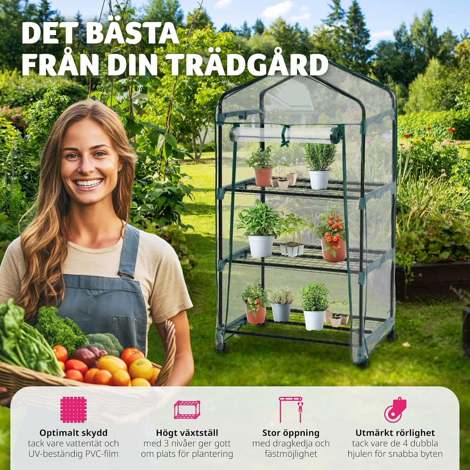 Detalle 2 de tectake 401862-SE flyttbart miniväxthus med tre hyllplan och PVC-folie