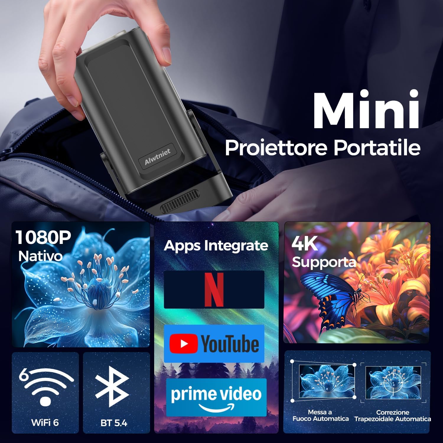 Thumbnail 1 de Alwtniet Proiettore 4K: Portatile, Android 6.0+ con WiFi 6, 260 ANSI, autofocus e rotazione 180°