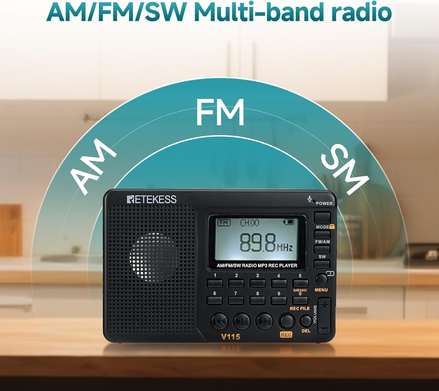 Detalle 2 de Retekess V115 draagbare radio met AM/FM/SW, LCD-scherm en opnamefunctie