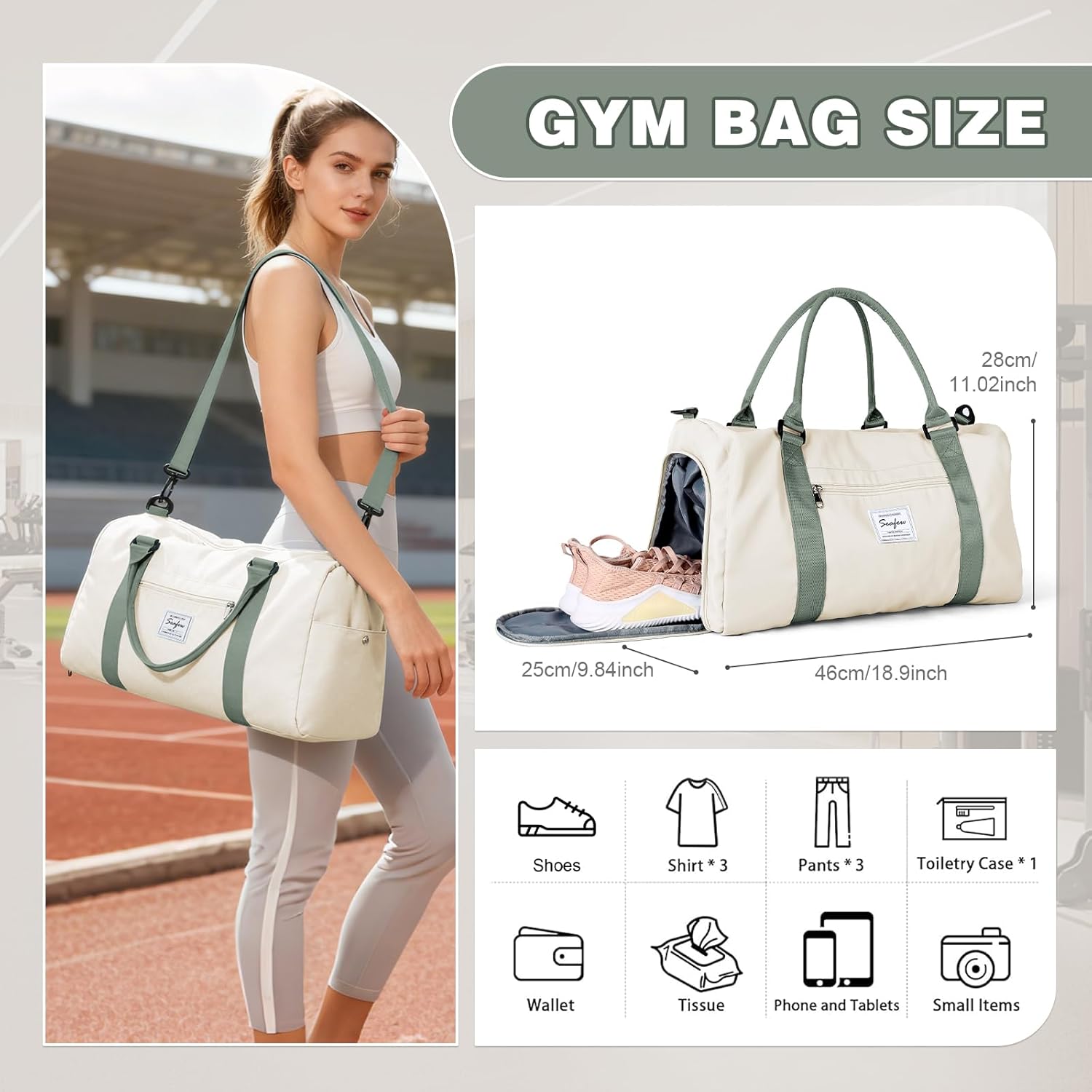 Thumbnail 2 de WEPLAN waterproof gym & travel bag with separate shoe compartment (beige green) for women and men