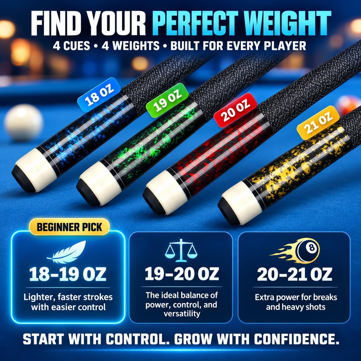 Detalle de Kmise Pool Sticks Set of 4, 58-Inch Canadian Maple Pool Cue Set
