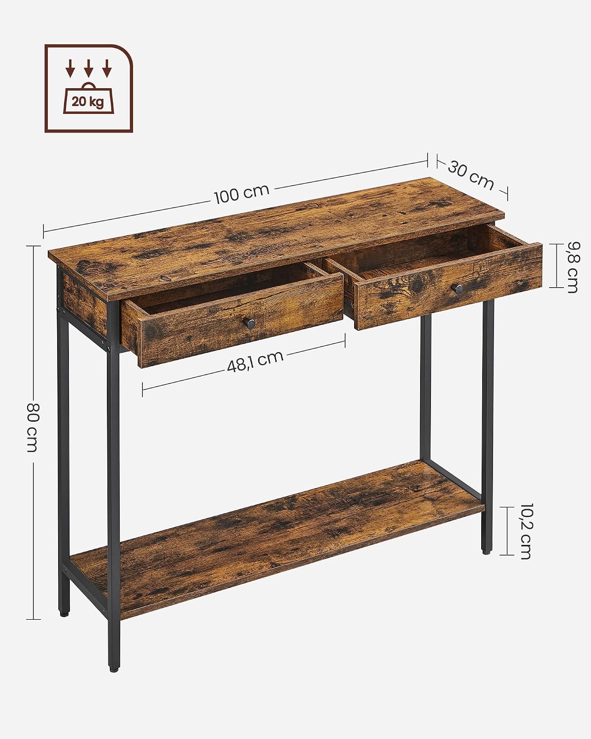 Detalle de VASAGLE LNT015B01 Mesa consola 2 cajones