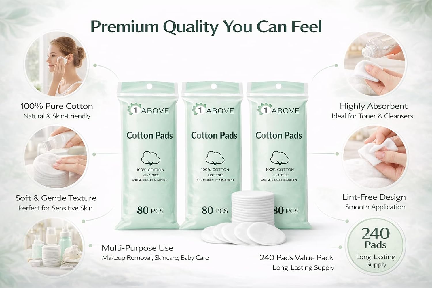 Detalle de 1ABOVE 240-Pack Round Cotton Wool Pads (100% Pure Cotton) for Daily Facial Cleansing & Makeup Removal