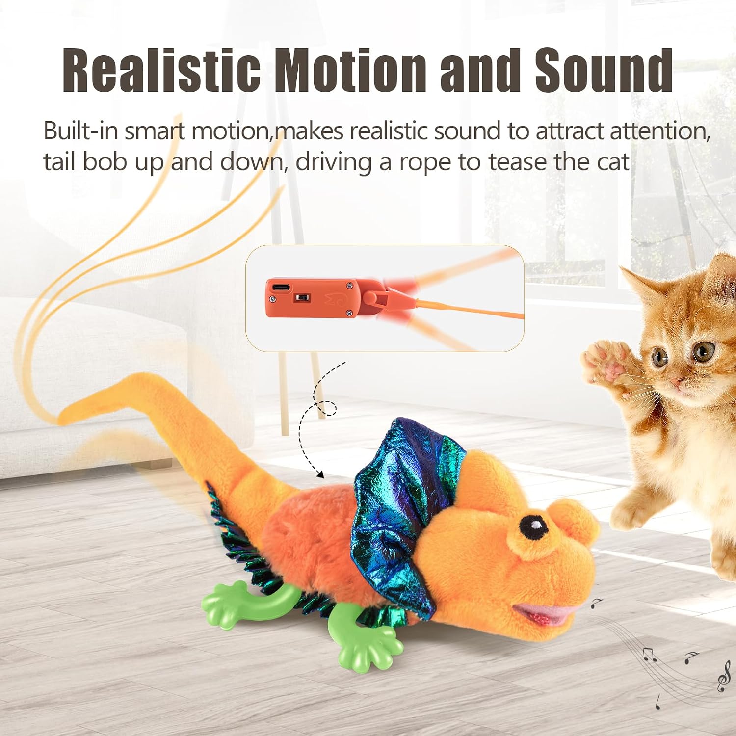 Detalle de Migipaws touch-activated flapping & chirping lizard kitten toy (USB rechargeable, catnip)