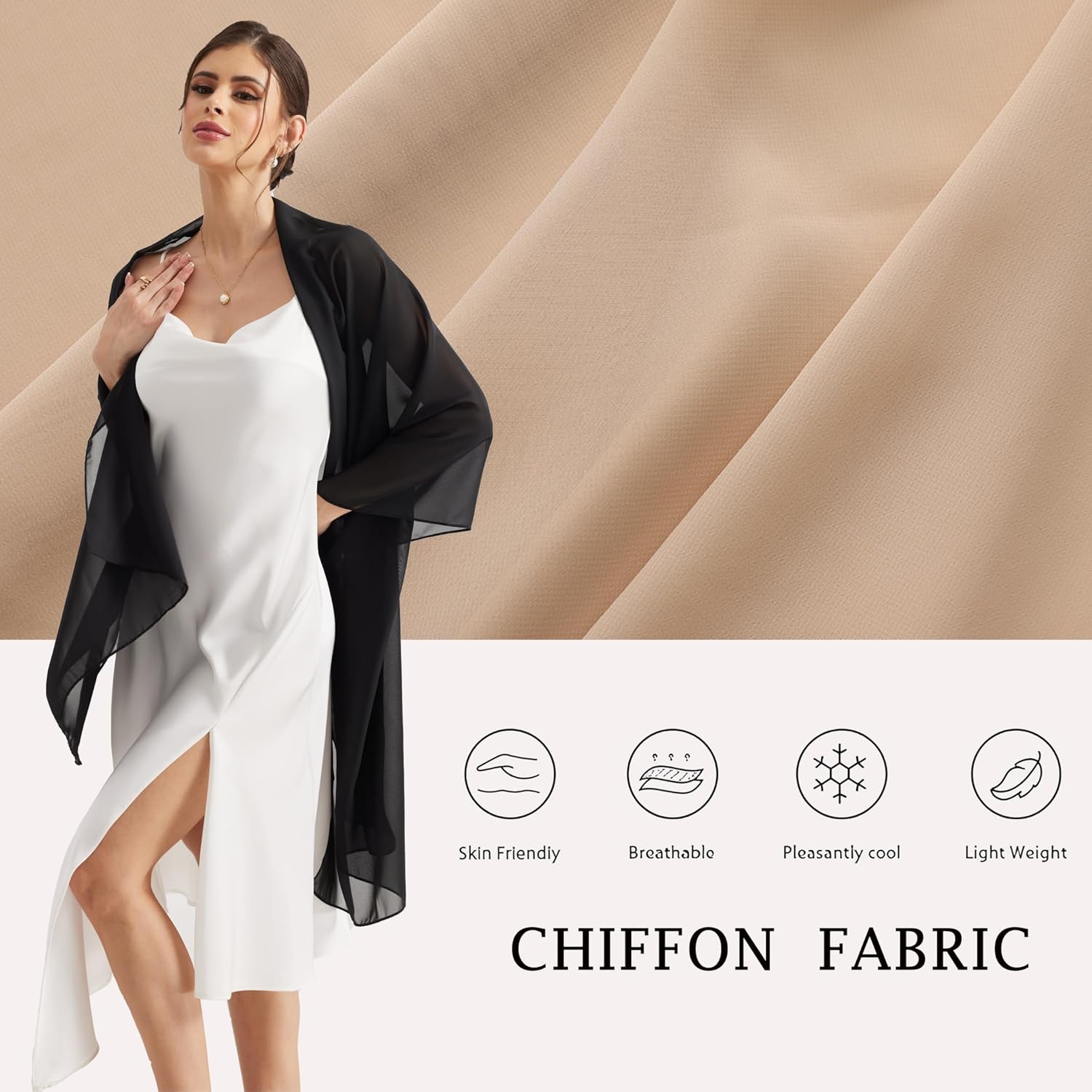 Thumbnail 1 de Pukguro Sheer Chiffon Shawl & Wrap for Evening Dresses (Black)