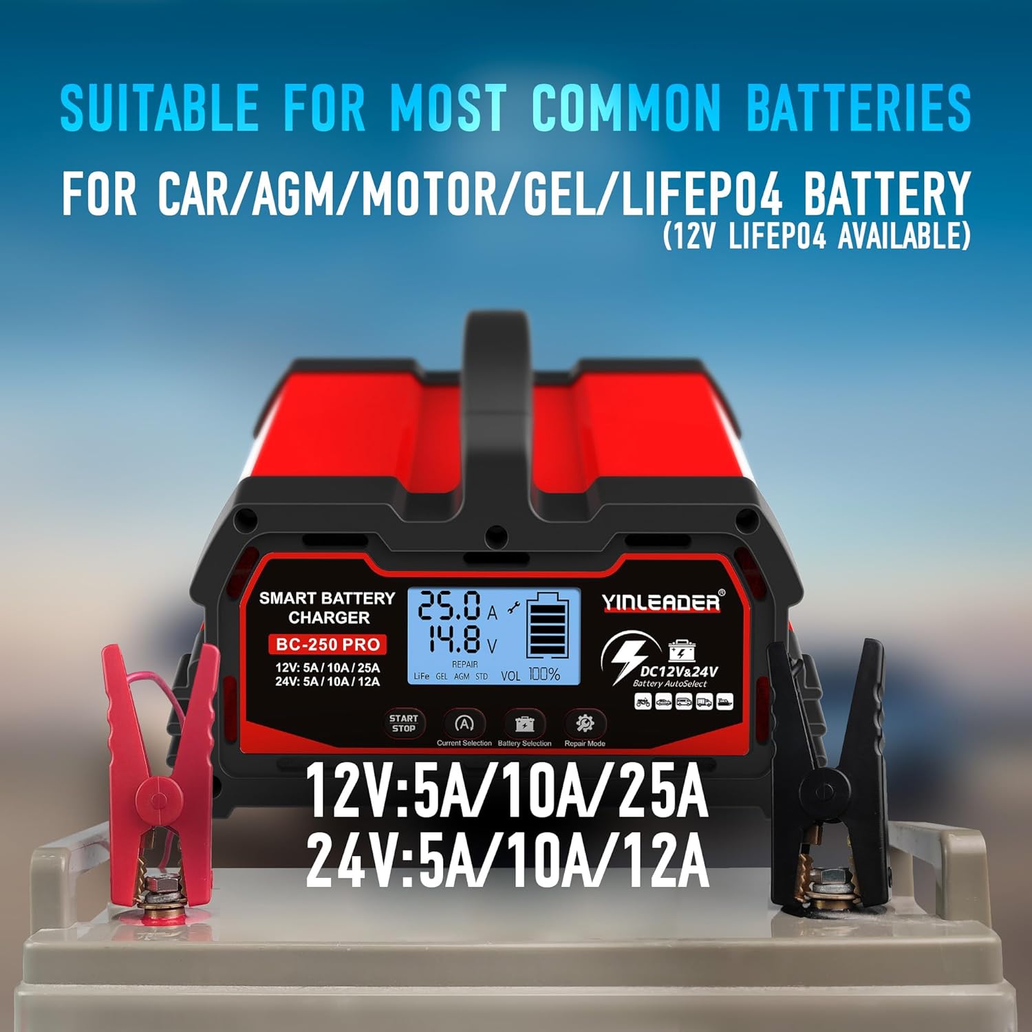 Detalle 2 de Yinleader Autobatterie Ladegerät 25A 12V/24V – intelligentes Erhaltungsladegerät mit LCD