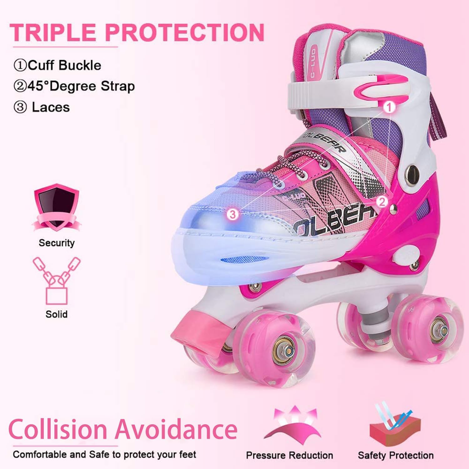 Detalle de Sowume Adjustable Roller Skates for Girls and Women (Light-Up 8-Wheel, ABEC-7) — Adjustable Kids’ Roller Skates