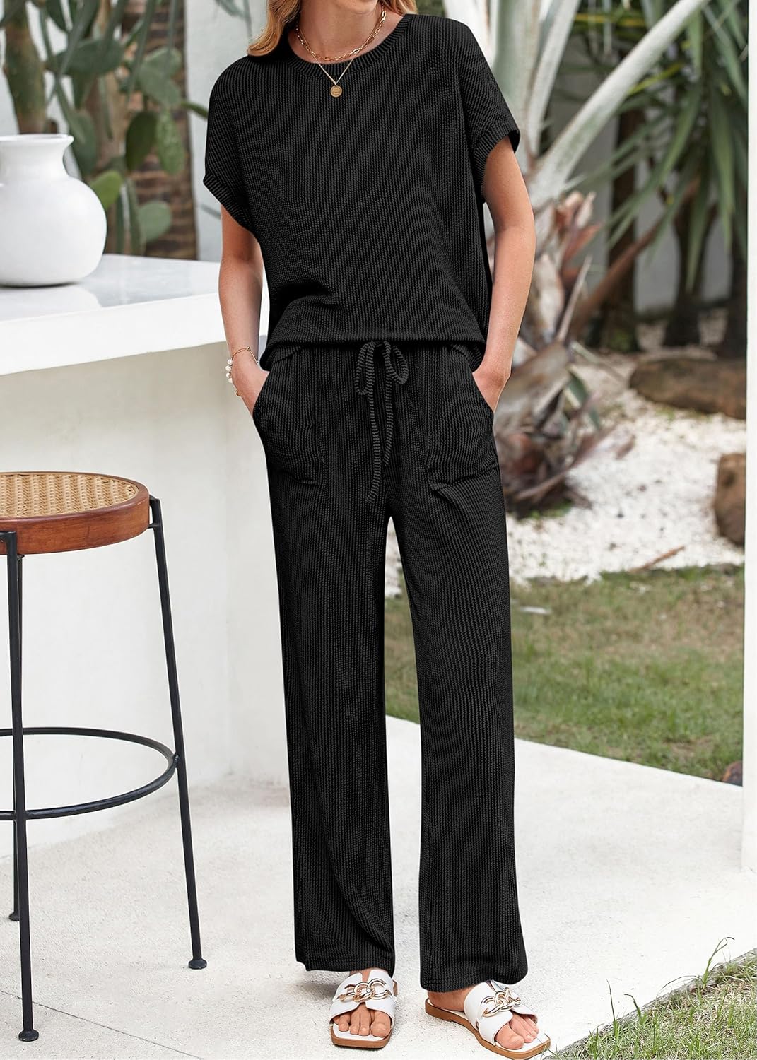 Thumbnail 6 de KIRUNDO 2 Piece Sets for Women — Dressy Casual Ribbed Knit Short Sleeve Tops & Wide Leg Pants Lounge Set