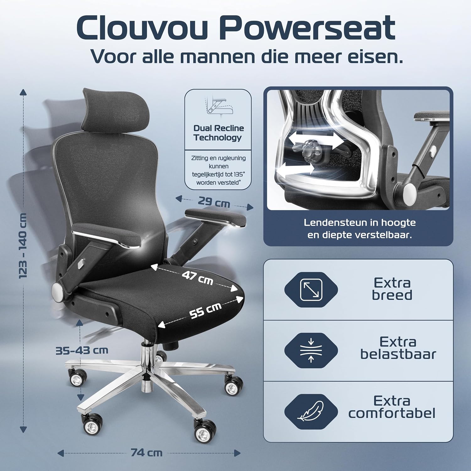 Detalle de CLOUVOU PowerSeat bureaustoel met mesh, 5D-armleuningen en lendensteun