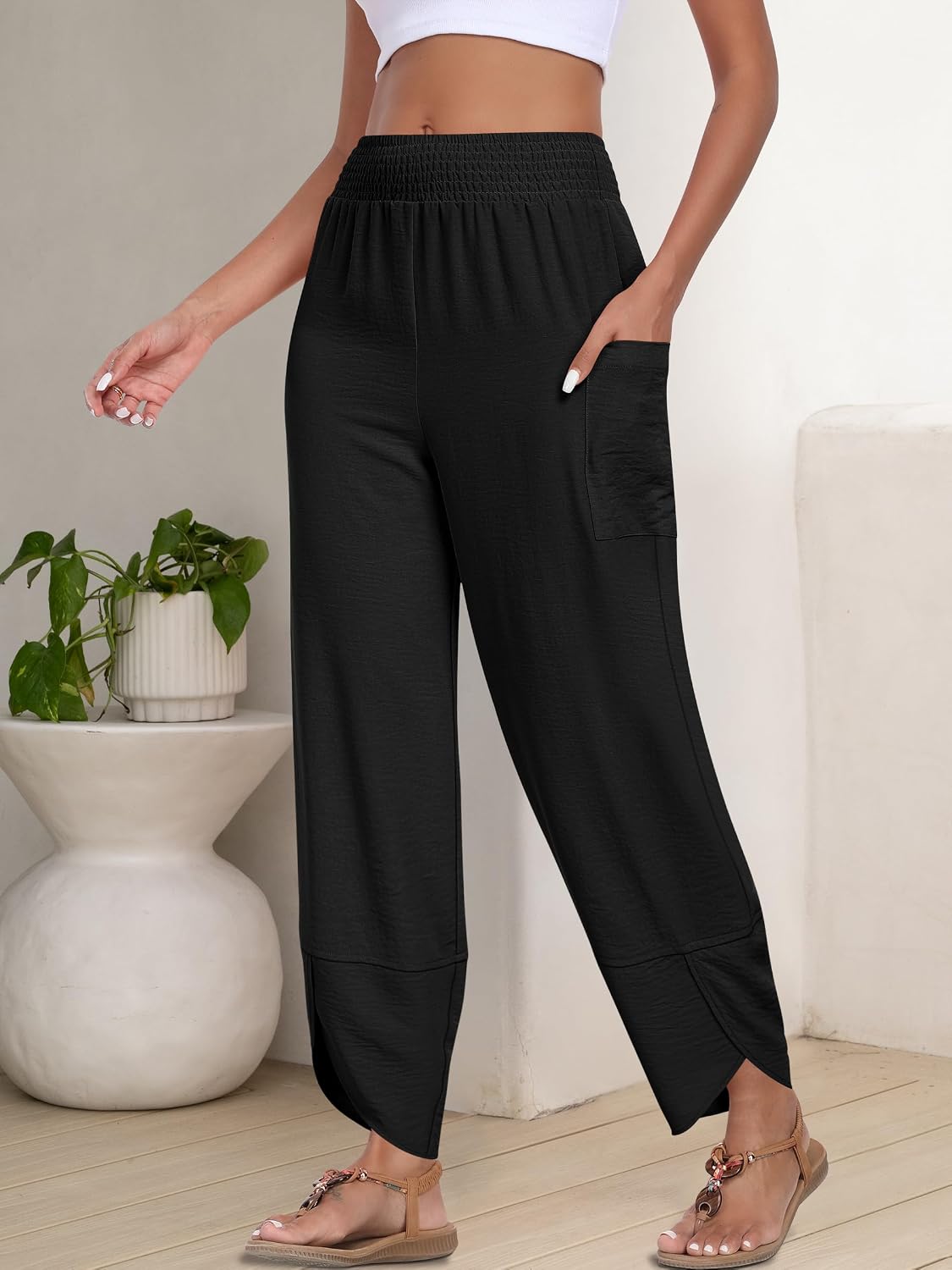 Detalle de ANRABESS Women’s Capri Palazzo Wide-Leg Pants with Smocked High Waist