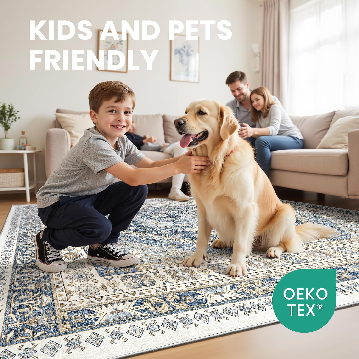 Thumbnail 6 de zesthome 8' x 10' Washable Area Rug, Low-Pile Microfiber, Blue/Beige