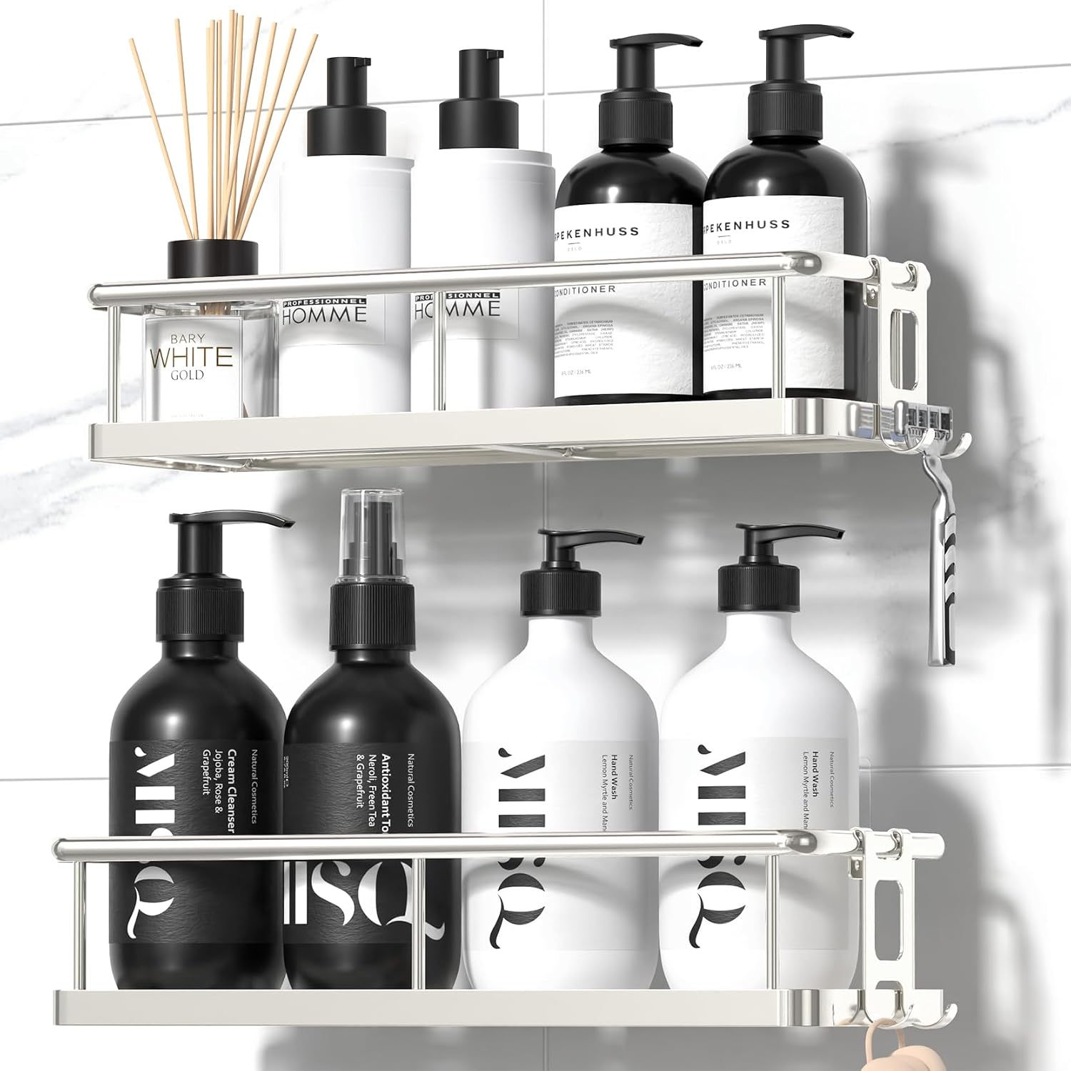 Detalle de YASONIC Shower Caddy (2-Pack) – Rustproof Wall-Mounted Shower Shelves with Removable Hooks