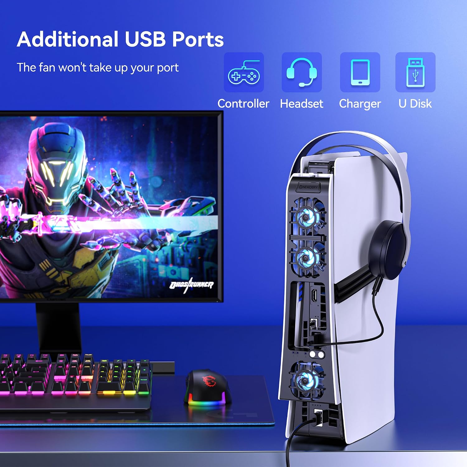 Thumbnail 6 de NEWDERY Lüfter für PS5 Pro Konsole – Leiser Kühler mit automatischer Drehzahlregelung, RGB-Beleuchtung und USB 3.0 Passthrough