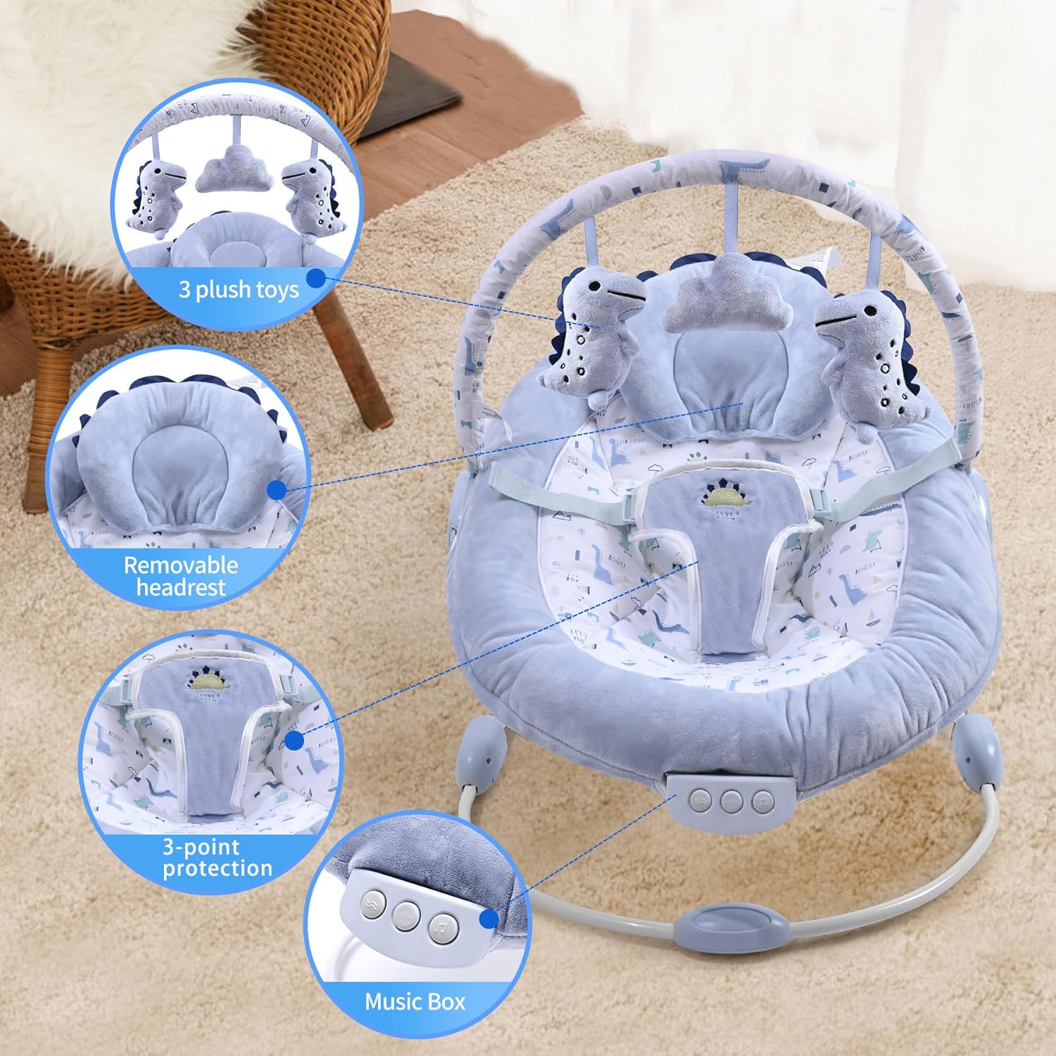 Thumbnail 3 de LADIDA Soft Light Blue Baby Bouncer with Soothing Vibrations and Music