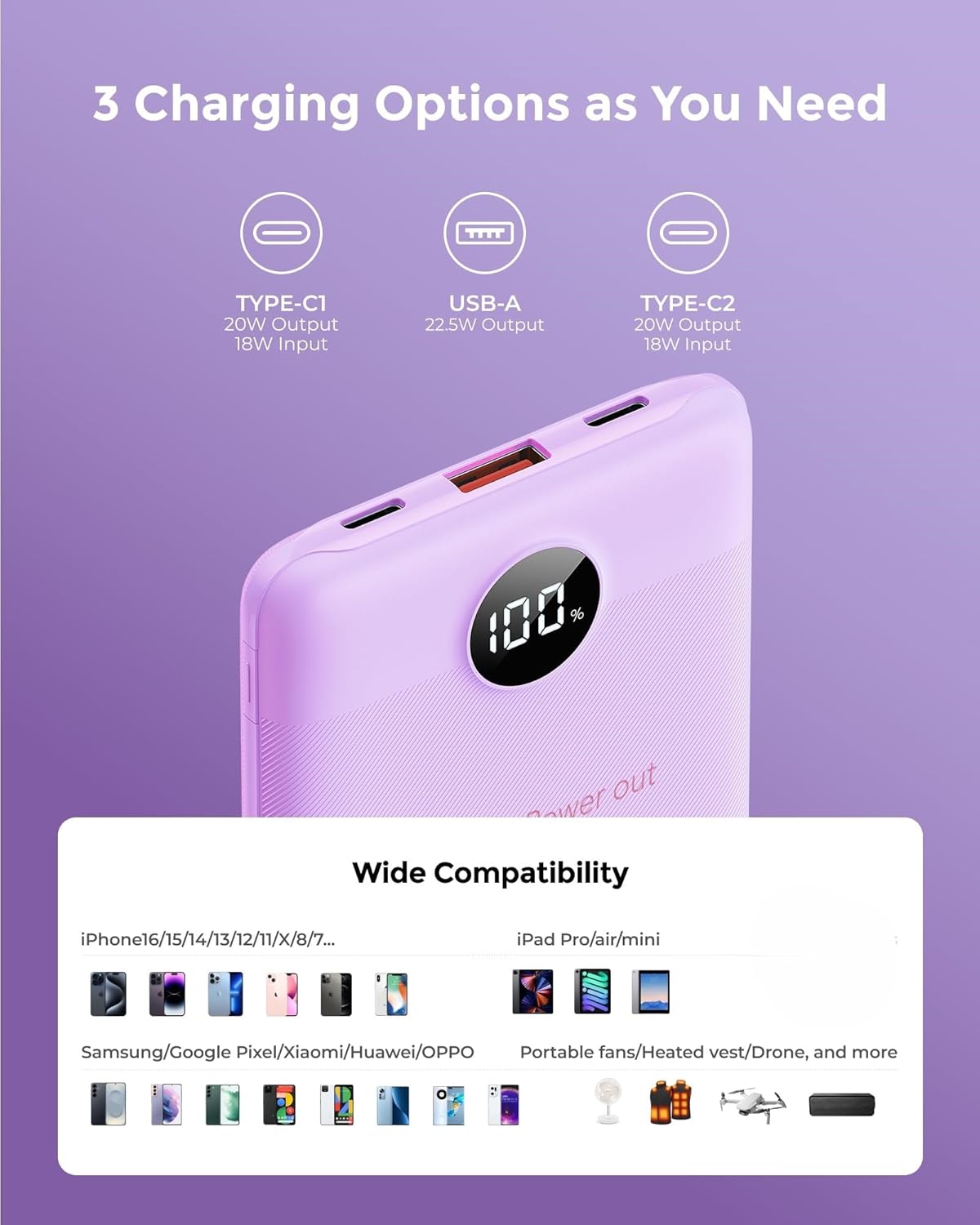 Thumbnail 3 de VEEKTOMX 10000mAh Power Bank with PD 3.0 & QC 3.0 — Compact 22.5W Fast Charging