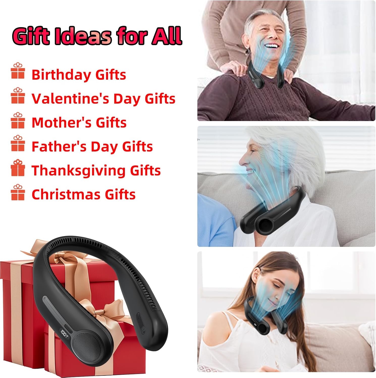 Detalle de Portable Neck Fan with 360° Bladeless Cooling, 6000mAh USB Rechargeable - Hands-Free Personal Wearable Fan (Black)