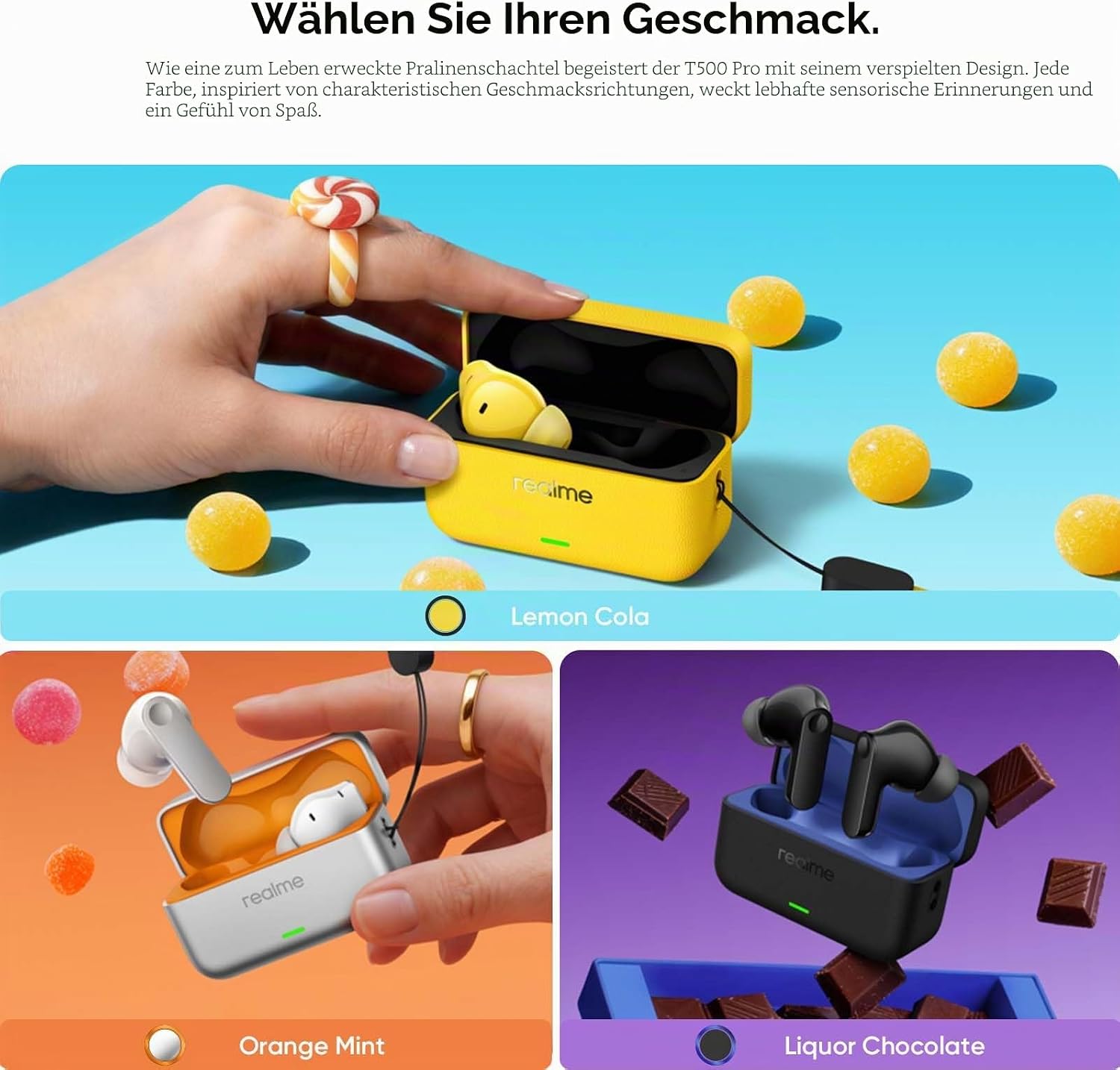 Detalle de realme Buds T500 Pro In-Ear Kopfhörer – 50 dB ANC, 56 Stunden Spielzeit, Hi-Res Sound, IP55, 3-Geräte-Verbindung
