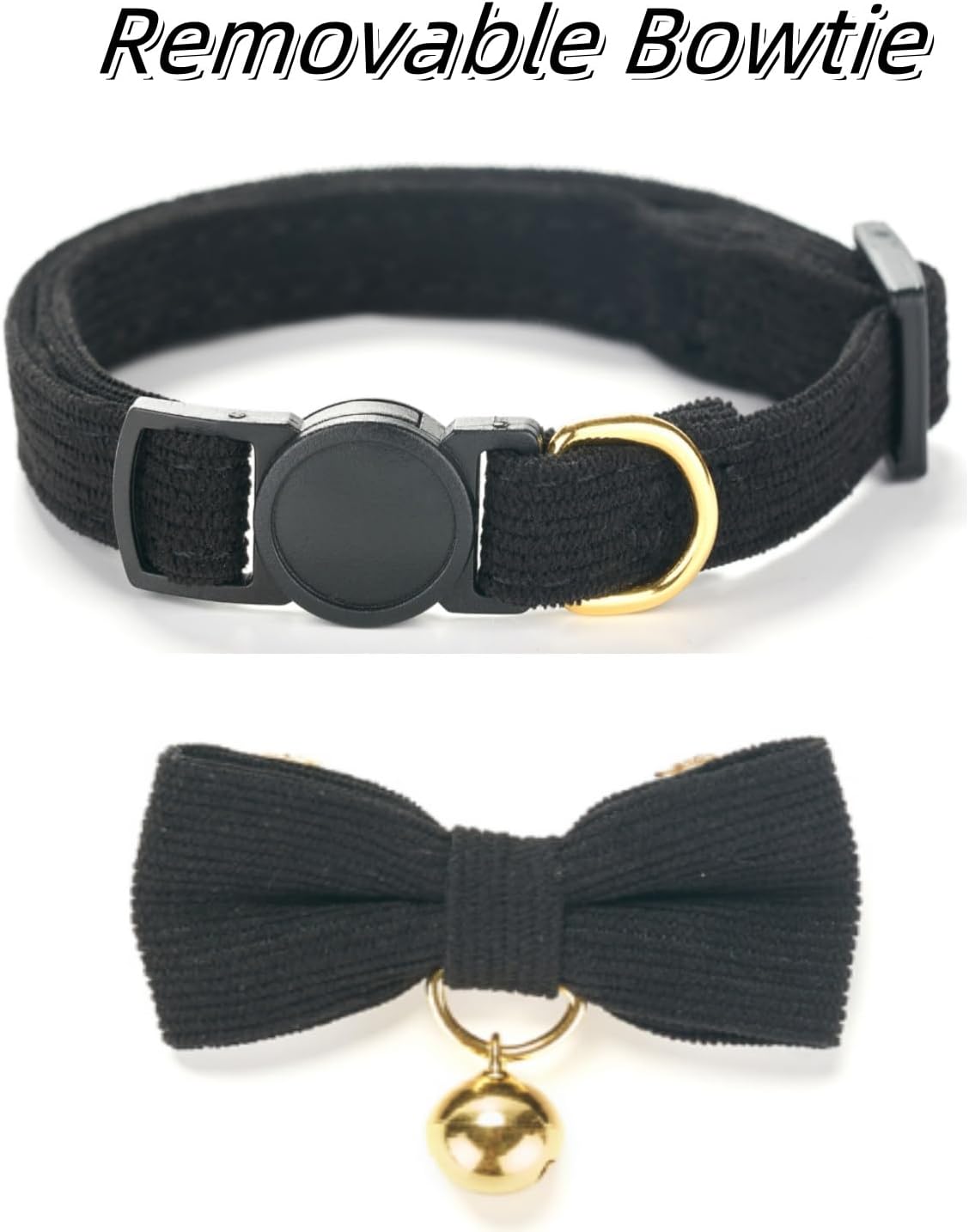Thumbnail 6 de Cute Cat Collars With Bow – Quick Release Safety Buckle, Bells, Corduroy Comfort (Black / Red or Green options) — Pack of 1