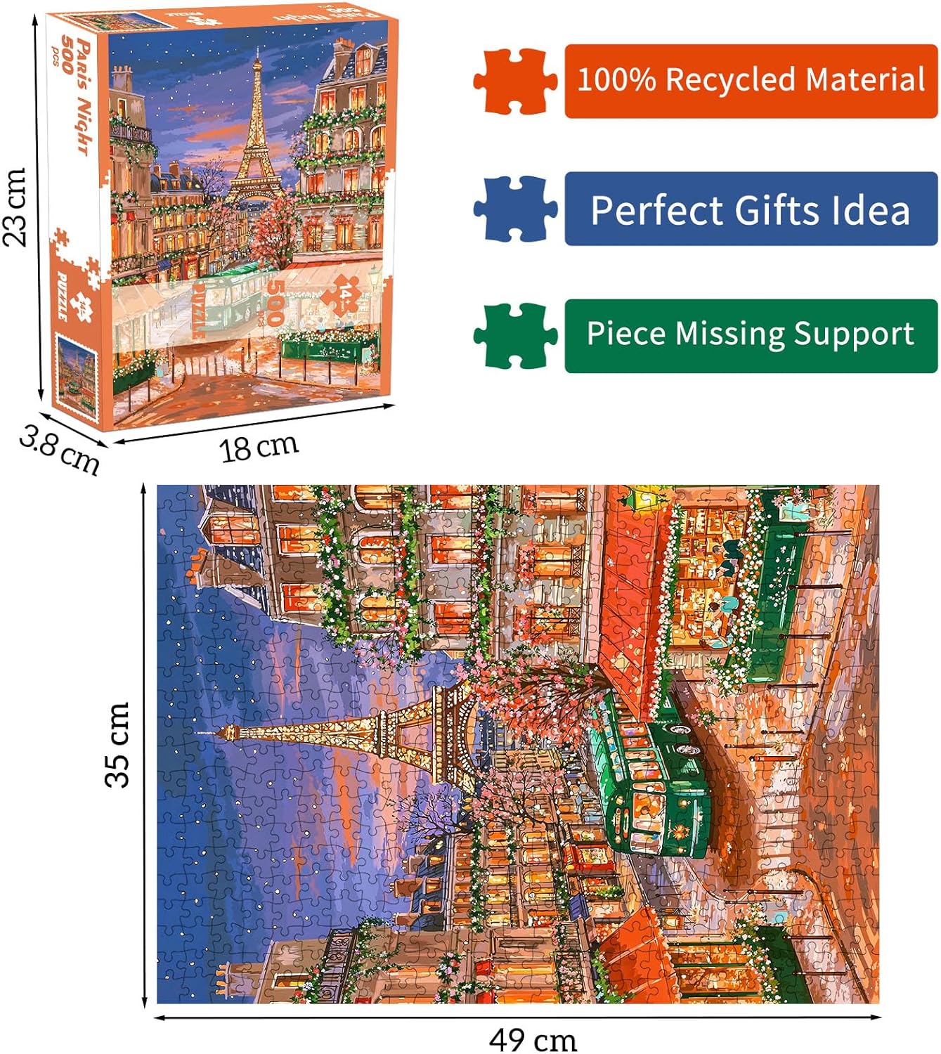 Detalle 2 de Paris Night 500 Piece Jigsaw Puzzle for Adults: Parisian Street with Eiffel Tower