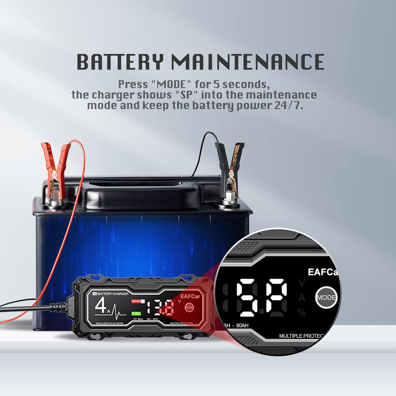 Detalle de EAFCar 4A 12V Car Battery Charger: Intelligent Pulse Repair and Maintenance